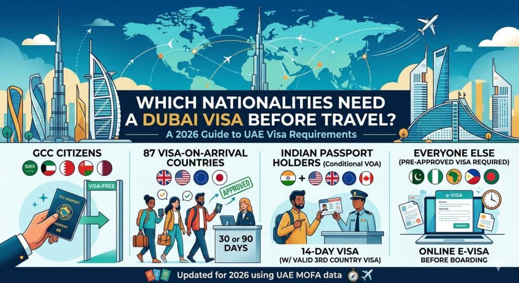 A 2026 guide to UAE visa requirements showing different entry rules for various passports. It illustrates a traveler using a GCC ID, a visa-on-arrival counter, an Indian traveler showing a US visa, and an online application screen for pre-approved e-visas.