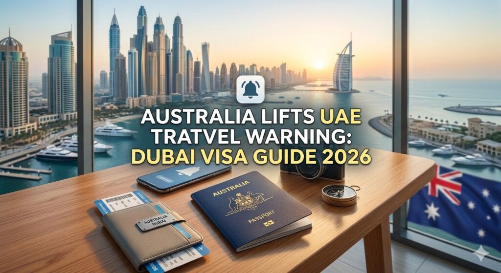 An Australian passport, travel tickets, and a compass on a wooden desk overlooking the Dubai skyline and Marina at sunset, symbolizing updated travel advice.