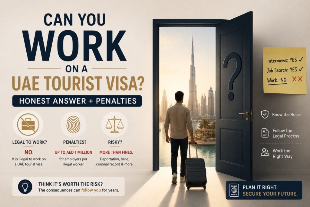 Traveler holding a passport in Dubai with signs showing legal work versus illegal work on a UAE tourist visa and potential penalties