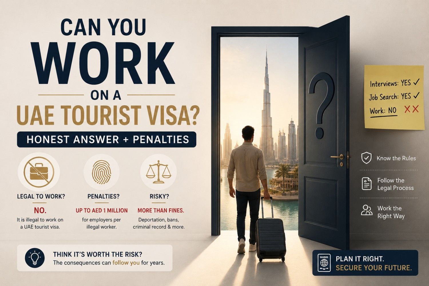Traveler holding a passport in Dubai with signs showing legal work versus illegal work on a UAE tourist visa and potential penalties