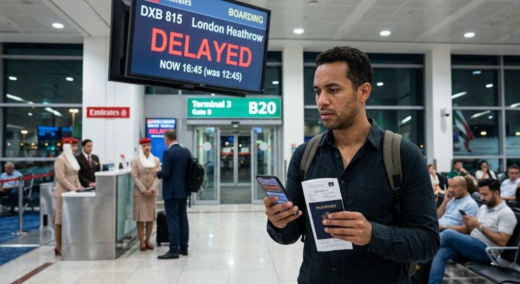 A worried man at a Dubai Airport gate holding a phone and passport, looking at a departure screen displaying a "DELAYED" flight status and updated boarding time.