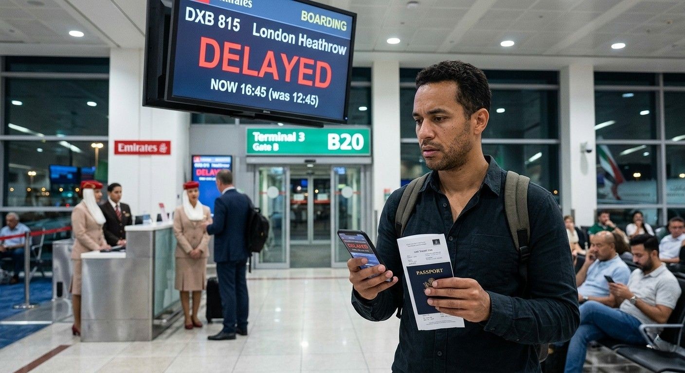 A worried man at a Dubai Airport gate holding a phone and passport, looking at a departure screen displaying a "DELAYED" flight status and updated boarding time.