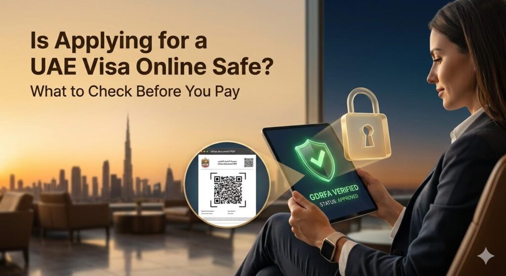 A visual guide demonstrating security verification for a UAE visa application, featuring a tablet, a secure padlock, and a GDRFA-verified status, set against a Dubai skyline background at dusk.