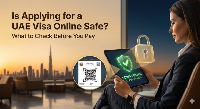 A visual guide demonstrating security verification for a UAE visa application, featuring a tablet, a secure padlock, and a GDRFA-verified status, set against a Dubai skyline background at dusk.