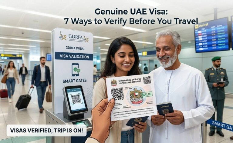 A traveler and a UAE official verify a printed UAE visa with a QR code and hologram at a smart gate in a busy airport.