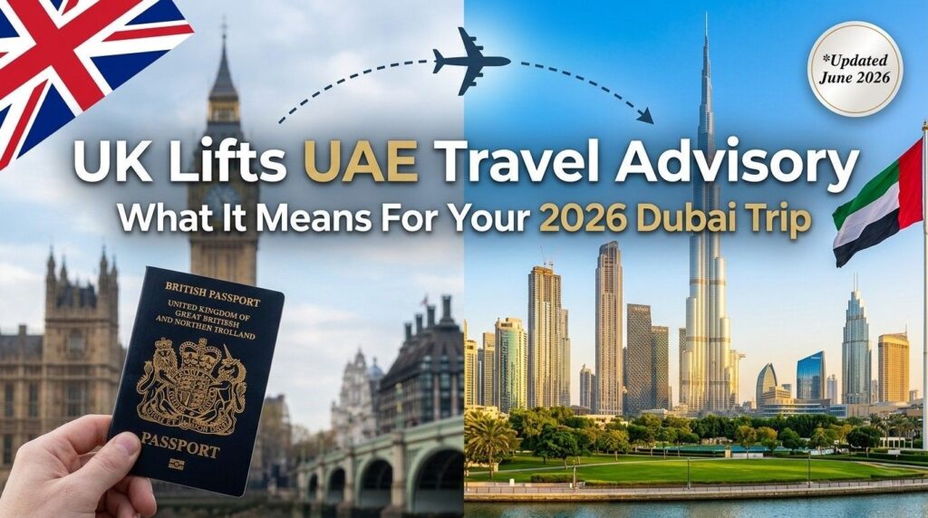 Split-screen graphic showing the London Big Ben skyline with a British passport on the left, and the sunny Dubai Burj Khalifa skyline with the UAE flag on the right.