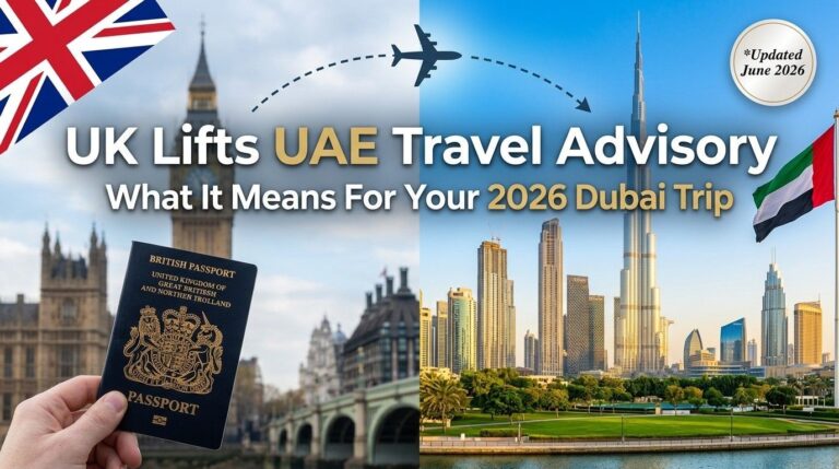 Split-screen graphic showing the London Big Ben skyline with a British passport on the left, and the sunny Dubai Burj Khalifa skyline with the UAE flag on the right.