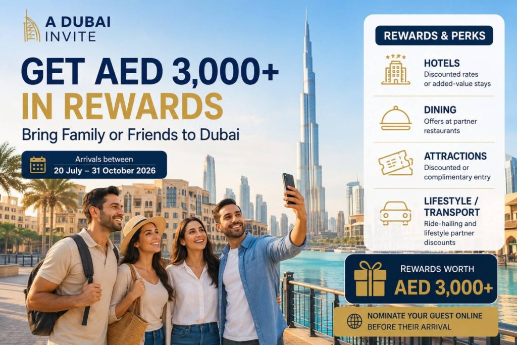 UAE residents welcoming family and friends in Dubai with Burj Khalifa, highlighting A Dubai Invite campaign rewards worth AED 3,000+