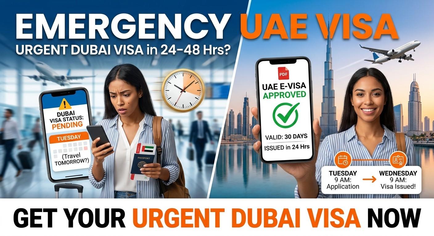 A side-by-side comparison showing a stressed traveler in an airport checking a pending Dubai visa status on a phone on Tuesday versus a smiling traveler holding an approved UAE e-visa issued in 24 hours on Wednesday against the Dubai skyline.