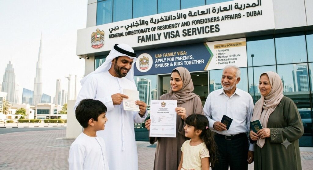 A multigenerational family with children and grandparents stands smiling with passports outside the GDRFA building in Dubai for visa processing