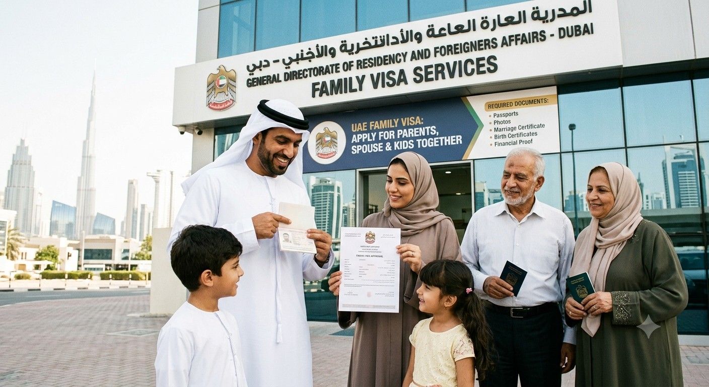 A multigenerational family with children and grandparents stands smiling with passports outside the GDRFA building in Dubai for visa processing