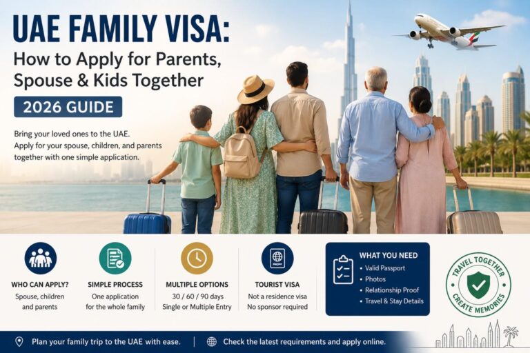 Family travelling to the UAE with parents, spouse, and children using a UAE family tourist visa application in 2026.