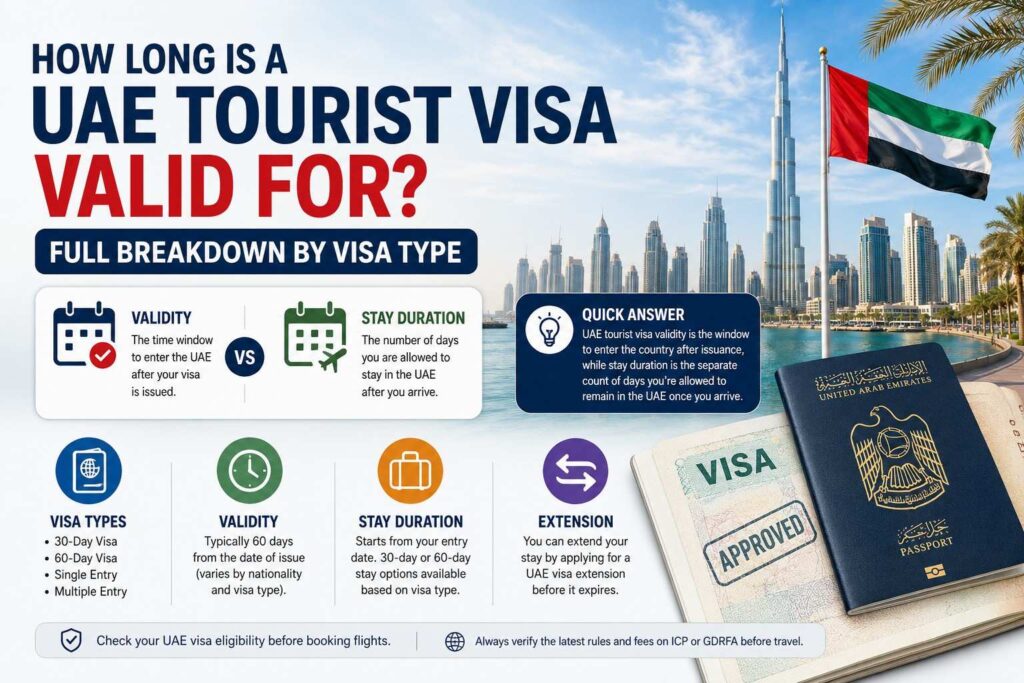 UAE tourist visa validity guide showing the difference between visa validity, stay duration, and 30-day and 60-day visa options.