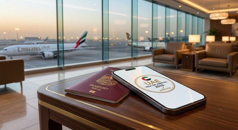 Close-up of a smartphone displaying a UAE visa on arrival 2026 approval digital stamp next to a passport on a wooden table inside a Dubai airport lounge with commercial airplanes visible through the window.