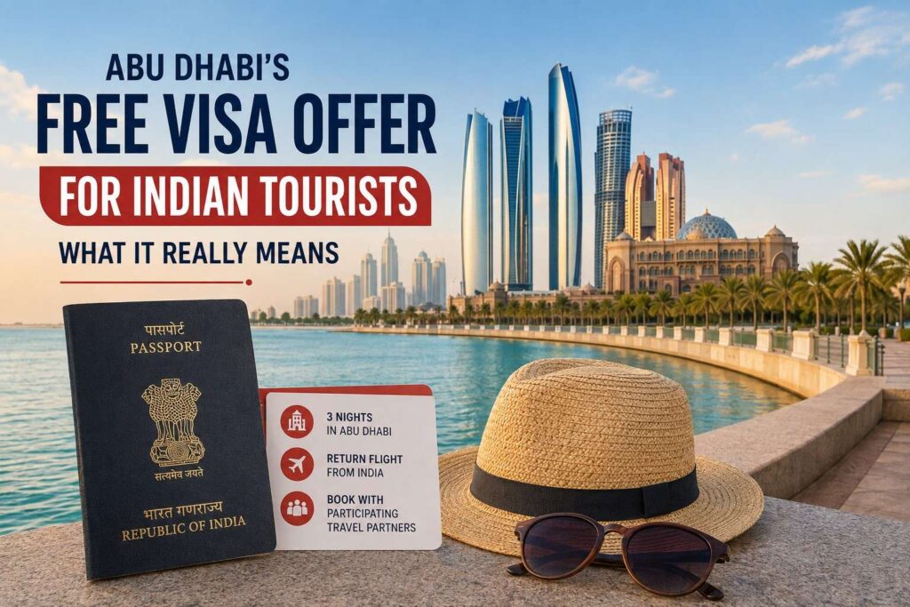 Indian passport in front of Abu Dhabi landmarks, displaying text about the free visa offer conditions.