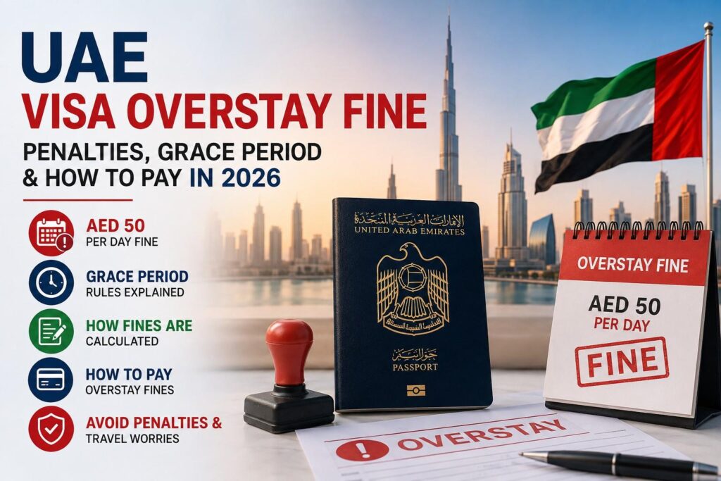 UAE visa overstay fine 2026 showing AED 50 daily penalty, grace period rules, passport and Dubai skyline