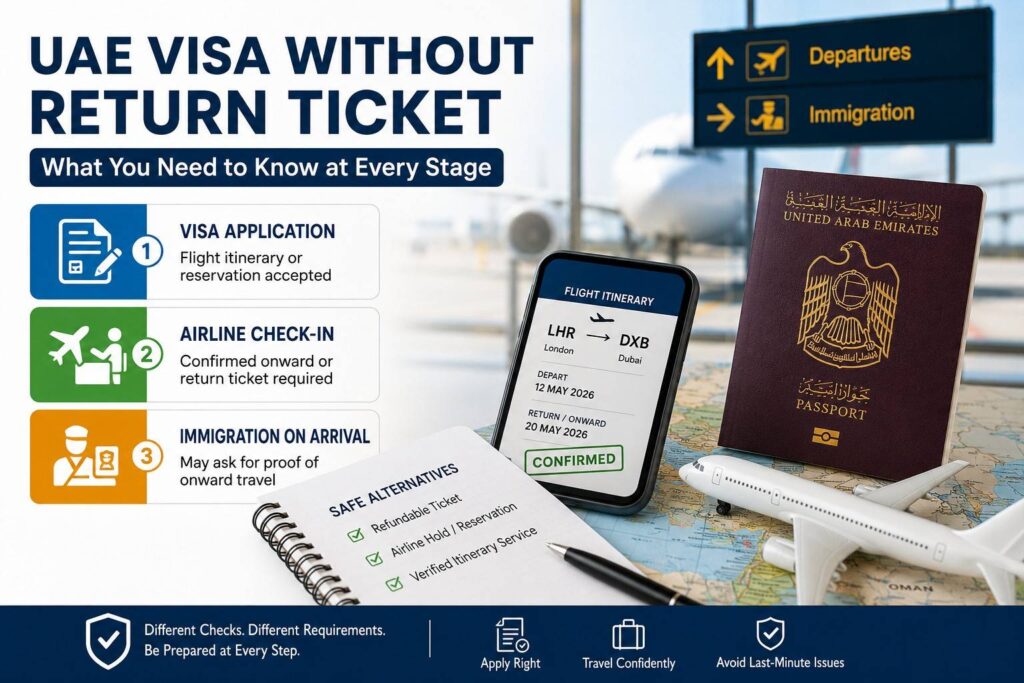 UAE visa without return ticket showing visa application, airline check-in and immigration requirements