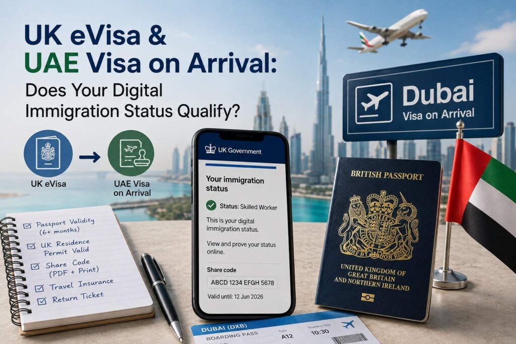 UK eVisa and UAE visa on arrival eligibility guide with passport, digital immigration status, Dubai skyline and travel document checklist.