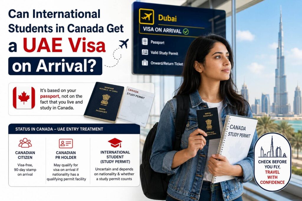 International student in Canada holding a passport and study permit for UAE visa on arrival eligibility