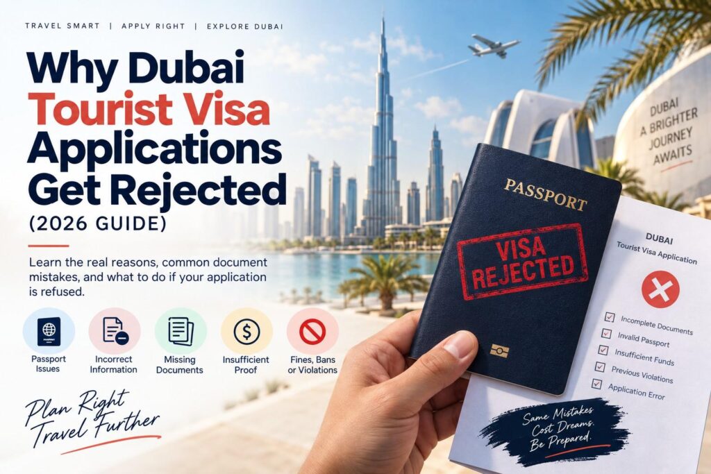 Dubai tourist visa rejection guide showing a rejected passport, application documents, and common visa issues