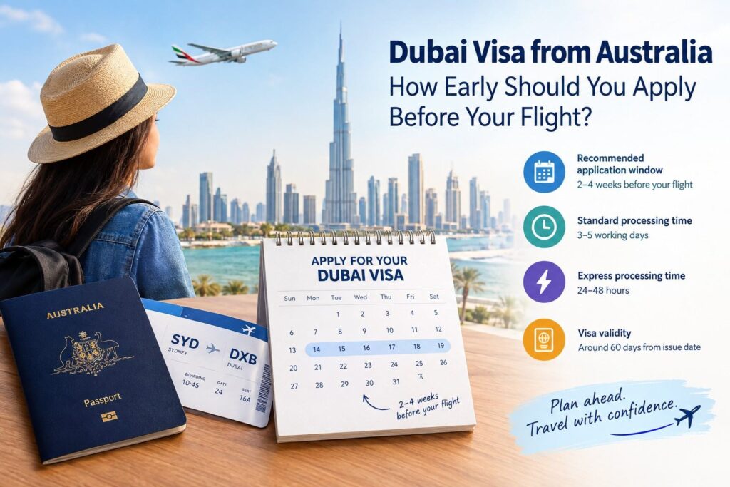 Dubai visa from Australia application timeline showing processing times, visa validity, Australian passport and Dubai skyline