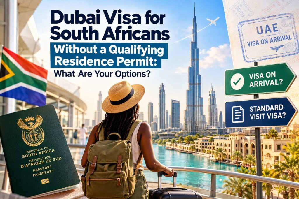 South African traveler in Dubai with passport, Burj Khalifa skyline, and UAE visa options