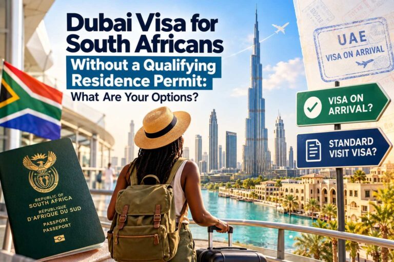 South African traveler in Dubai with passport, Burj Khalifa skyline, and UAE visa options