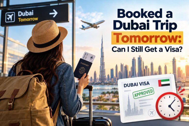 Traveler at an airport with a passport and Dubai visa document, with Burj Khalifa and an airplane in the background