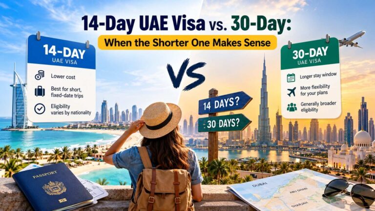 14-day vs 30-day UAE visa comparison with Dubai skyline, Burj Khalifa, Burj Al Arab, passport, and travel signposts