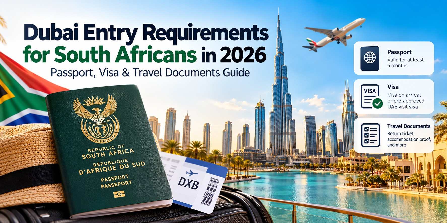 Dubai entry requirements for South Africans in 2026, featuring passport validity, UAE visa options, and required travel documents.