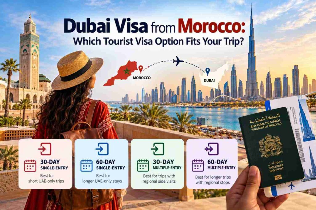 Dubai visa from Morocco showing 30-day and 60-day single- and multiple-entry tourist visa options