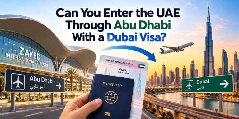 Dubai visa for UAE entry through Abu Dhabi airport, featuring Zayed International Airport and the Burj Khalifa skyline.