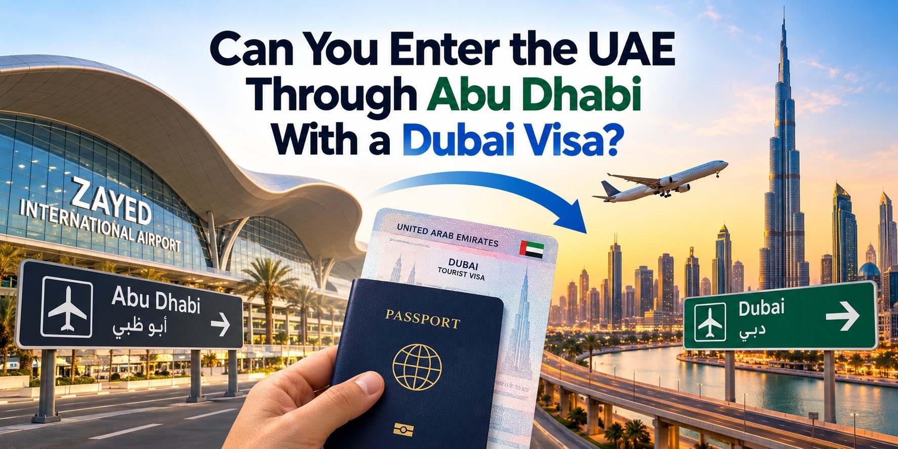 Dubai visa for UAE entry through Abu Dhabi airport, featuring Zayed International Airport and the Burj Khalifa skyline.