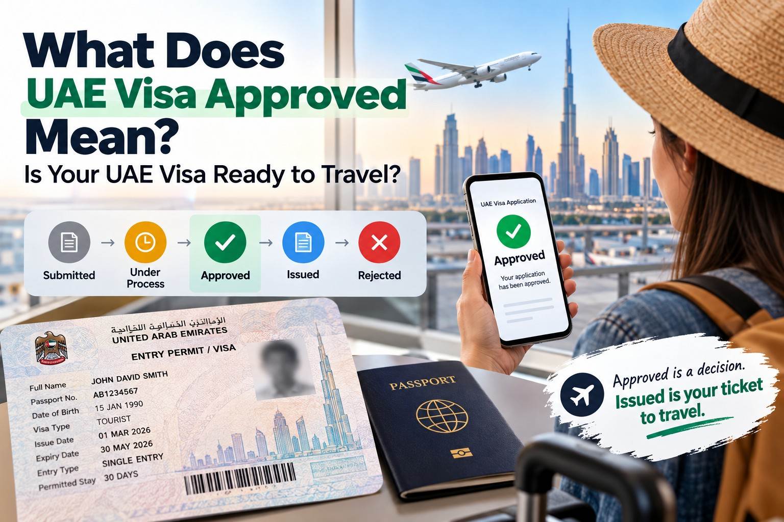 UAE visa approved status with Dubai skyline, passport, and visa document, highlighting the difference between approval and issuance.