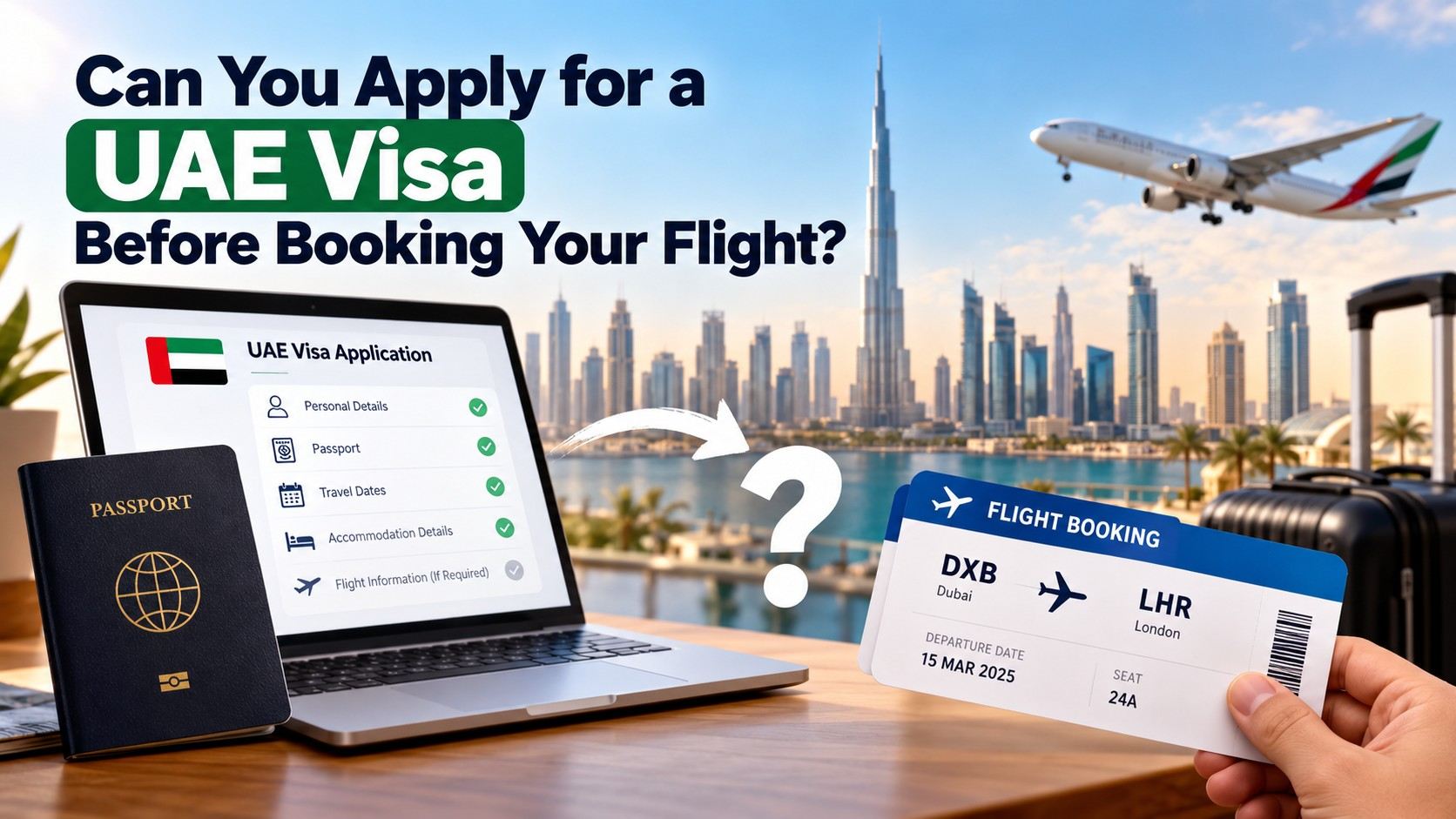 UAE visa application and flight booking requirements with Dubai skyline in the background
